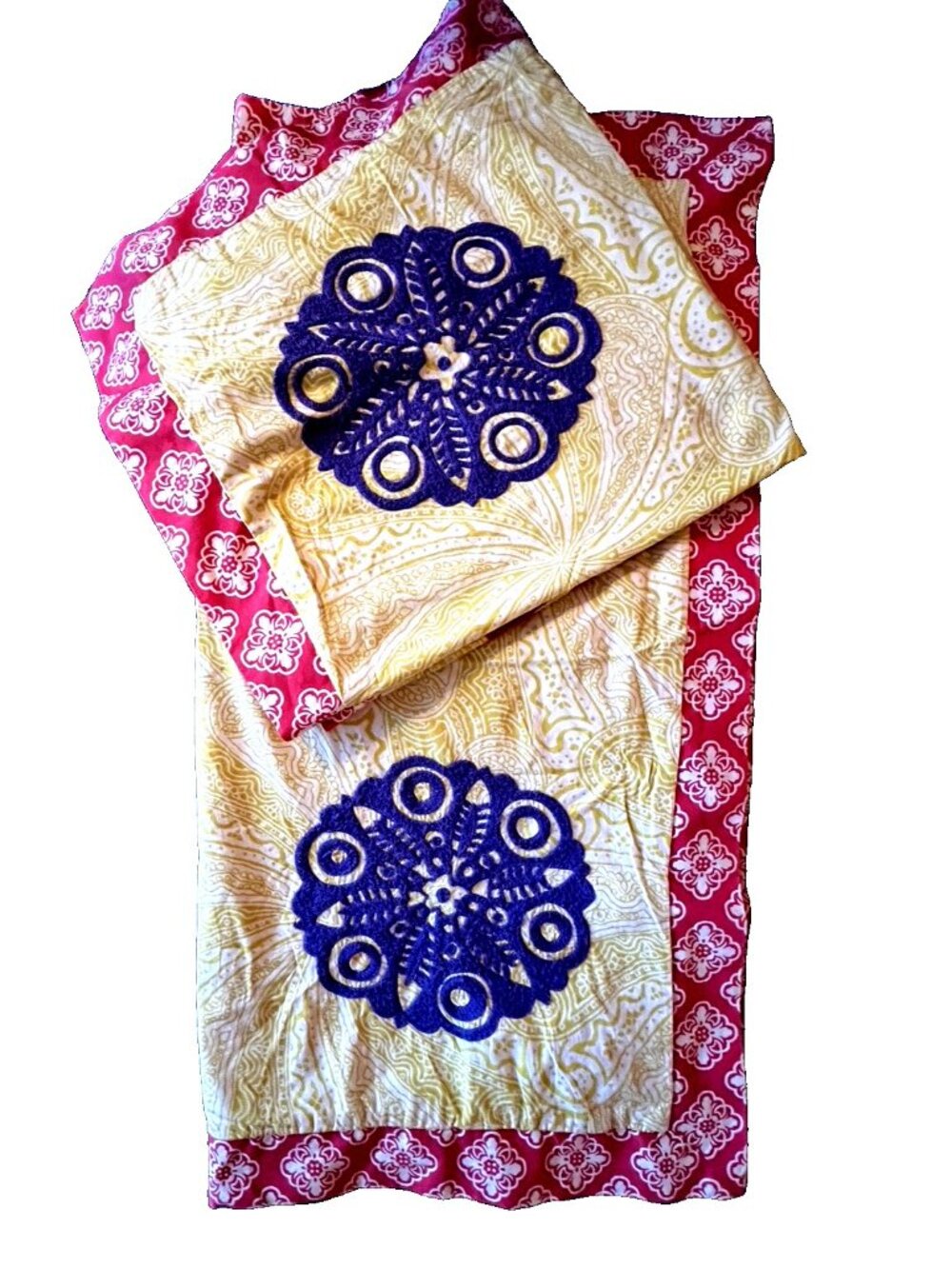 Boho EURO 2 Sham Set Cotton Floral Patchwork Embroidery Style & Co Blue Yellow